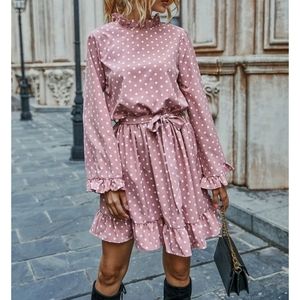 Polka Dot Frill Neck Belted A line Mini Dress